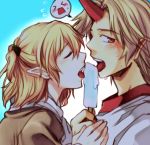 2girls bad_id blonde_hair blush closed_eyes female food hair half_updo horn horns hoshiguma_yuugi ice_cream long_hair mizuhashi_parsee multiple_girls pointy_ears popsicle red_eyes rex_k scarf sexually_suggestive short_hair sweat tongue touhou