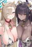 2_girls ai_generated animal_ears animal_print asuna_(blue_archive) bikini black_hair blonde blonde_hair blue_archive blue_eyes blush breasts chocolate_and_vanilla cow_bell cow_bikini cow_ears cow_horns cow_print cow_print_bikini cowgirl dark-skinned_female dark_skin fake_animal_ears gigantic_breasts grin halo horns huge_breasts karin_(blue_archive) lesbian_couple light-skinned_female light_skin long_hair looking_at_viewer mole mole_on_breast sarah_ai_illu smile smirk swimsuit yellow_eyes yuri