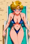 1girl adult_swim alluring beach bikini bishoujo_senshi_sailor_moon bishoujo_senshi_sailor_moon_s bishoujo_senshi_sailor_moon_s_the_movie bishoujo_senshi_sailor_moon_supers bishoujo_senshi_sailor_moon_supers_the_movie blonde_hair cleavage haruka_ten'ou medium_breasts navy_eyes nightcore_(artist) on_recliner toei_animation toonami viz_media