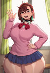  ai_generated ayase_momo bare_thighs brunette dandadan gigantic_breasts huge_breasts huge_thighs juuicy_ai light-skinned_female light_skin looking_at_viewer massive_breasts miniskirt red_eyes short_hair smile solo_female squatting sweat sweatdrop sweater thick_body thick_female thick_thighs thighs voluptuous voluptuous_female 