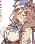 1girl animal_ears bare_shoulders big_breasts blue_bow blue_bowtie blue_hat bow bowtie breasts brown_eyes brown_hair buttons center_frills closed_mouth clothing_cutout color_guide corset cowboy_shot ears_through_headwear frills frown hat horse_ears horse_girl long_hair matikanetannhauser_(umamusume) multicolored_hair shirt shoulder_cutout simple_background streaked_hair sweat toriga_naku umamusume umamusume_pretty_derby upper_body white_background white_shirt white_streaks