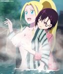 2_girls arm_at_side bangs bath bathing beatrix_amerhauser big_breasts blonde_female blonde_hair blue_eyes blush breast_grab breasts collarbone couple duo female/female female_only friends from_behind_position hair_between_eyes hand_up high_ponytail implied_sex kimono kurigami light-skinned_female light_skin long_hair looking_at_another love lower_teeth mikazuki_shizuka multiple_girls mutual_yuri navel neck night night_sky nipples onsen open_mouth outside parted_bangs pink_eyes ponytail purple_hair romantic romantic_couple round_teeth same-sex_bathing shared_bathing short_hair sky small_breasts smile standing steam teeth tied_hair upper_teeth water wet wet_body wet_clothes yuri zom_100_zombie_ni_naru_made_ni_shitai_100_no_koto
