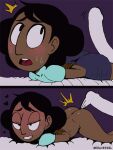 arms_behind_back bed bedroom big_ass blush bottomless brown_skin buns clenched_teeth comic connie_maheswaran convenient_censoring eruvessel half-closed_eyes looking_at_another looking_back looking_up on_bed pleasure_face short_hair steven_universe t-shirt tanned tanned_female tanned_skin tied_hands