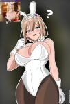  1girl 1girl ? alternate_version_available andreas._td animal_ears bangs bare_shoulders belebeta_(starseed) belebeta_(starseed:_asnia_trigger) big_breasts black_background blonde_hair blue_eyes blush breasts bunny_ears bunnysuit cleavage com2us cowboy_shot detached_collar earrings facial fake_animal_ears gloves hairband hand_up jewelry joycity leotard looking_at_viewer open_mouth pantyhose playboy_bunny rabbit_ears short_hair smile starseed:_asnia_trigger strapless white_gloves white_leotard wrist_cuffs 