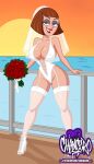  artist_logo artist_name big_breasts breasts bridal_bouquet bridal_lingerie bridal_veil brown_hair chancero danny_phantom flowers guardrail looking_at_viewer madeline_fenton negligee ocean ocean_background on_ship patreon_url purple_eyes stockings stockings sunset 