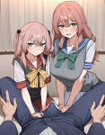 1boy 2_girls ai_generated angry_expression blush bulge bulge_through_clothing embarrassed gigantic_breasts huge_breasts inui_sajuna inui_shinju light-skinned_female light_skin long_hair looking_at_viewer massive_breasts ntr pink_eyes pink_hair school_uniform schoolgirl sisters small_breasts smile sono_bisque_doll_wa_koi_wo_suru spoilage_ai squatting sweat sweatdrop thick_body thick_female voluptuous voluptuous_female wakana_gojo