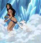 1girl 1other amazon animal animal_ears ass back bangs bare_arms bare_ass bare_legs bare_shoulders big_ass black_hair blue_eyes blue_underwear boots bracer breasts cape crystal dc_comics diana_prince dog dog_ears dog_tail fog footwear fortress_of_solitude from_behind from_behind_position gasp gasping gold_jewelry heroine ice indoors jewelry justice_league justice_league_unlimited krypto krypto_the_superdog kryptonian legs lips lipstick long_hair looking_at_another looking_at_ass looking_back looking_down makeup medium_breasts mist open_mouth parted_bangs pink_lipstick pulling pulling_clothing red_boots red_cape red_footwear red_tubetop round_teeth silver_bracer silver_jewelry standing star star_(symbol) star_print straight_hair strapless superhero_costume superheroine superman_(series) surprised tail teeth themysciran thighs tiara tubetop underwear underwear_pull upper_teeth upper_teeth_only wonder_woman wonder_woman_(series)