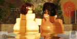  2_girls 2_girls 2girl ass ass_bigger_than_head back_view bathing bathing_outside bathing_together big_ass big_thighs black_body black_girl black_hair curly_hair curvy curvy_body curvy_female curvy_figure curvy_hips dialogue flirting flower_in_hair hot_spring kyra_(noatq) looking_at_viewer looking_back maryam_(noatq) multicolored_hair noatq nude_female oblivious outside roblox trees white_body white_girl wide_hips wide_thighs 