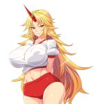 1girl blonde_hair breasts buruma gym_uniform horn hoshiguma_yuugi huge_breasts midriff nekomamire puffy_nipples red_eyes smile solo touhou