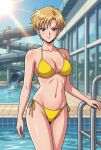  1girl adult_swim alluring bikini bishoujo_senshi_sailor_moon bishoujo_senshi_sailor_moon_s bishoujo_senshi_sailor_moon_s_the_movie bishoujo_senshi_sailor_moon_supers bishoujo_senshi_sailor_moon_supers_the_movie blonde_hair blue_sky cleavage dario haruka_ten'ou medium_breasts navy_eyes pin_up short_hair swimming_pool toei_animation toonami viz_media water_park water_slide waterpark waterslide 