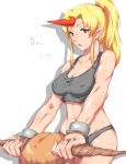  2girls akino_(gokosei) bad_id blonde_hair breasts brown_hair cleavage collarbone cuffs erect_nipples female fingernails gokosei hair_intakes horn horns hoshiguma_yuugi ibuki_suika long_hair looking_at_viewer multiple_girls muscle orange_hair panties parted_lips pointy_ears ponytail red_eyes sports_bra sweat touhou underwear underwear_only 