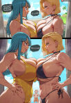  1boy 2_girls 2girls android_18 beach big_breasts bikini blonde_hair blue_eyes blue_hair breast_press bubble_butt cleavage dragon_ball dragon_ball_super dragon_ball_z horny inviting_to_sex krillin maron maron_(dragon_ball) maron_(dragon_ball_z) pose shexyo standing swimsuit teasing thick_thighs 
