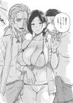  1girl 2boys andou_ryuu bare_shoulders beach_nanpa big_breasts bikini black_hair blush bracelet breasts breath bulge cleavage closed_mouth collarbone curvy erection erection_under_clothes faceless faceless_male greyscale halterneck hetero jewelry long_hair looking_at_viewer low-tied_long_hair low_ponytail mature_female michiru_(okaa-san_itadakimasu) monochrome multiple_boys netorare off_shoulder okaa-san_itadakimasu open_clothes open_shirt original parted_bangs plump ponytail ring short_hair shorts smile sweat swimsuit thighs translated waving 