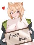  1girl :d abra_(pixiv_artist) absurd_res animal_ears big_breasts black_jacket blonde_hair blush breasts collarbone com2us english_text heart holding holding_sign jacket joycity looking_at_viewer open_clothes open_jacket open_mouth pixiv red_eyes sign simple_background smile starseed:_asnia_trigger taina_(starseed) taina_(starseed:_asnia_trigger) upper_body white_background 