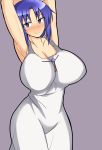 1girl armpits arms_up bare_shoulders big_breasts blue_hair breasts chie_rumiko curvy dress female grey_background higurashi_no_naku_koro_ni huge_breasts large_breasts musuka_(muska) short_hair simple_background smile solo standing sundress