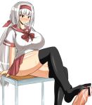 1girl ajimu_najimi black_legwear black_thighhighs breasts brown_eyes censored desk feet footjob hair_ornament hairband huge_breasts huge_penis large_penis legs long_hair medaka_box miniskirt musuka_(muska) penis school_uniform short_skirt simple_background sitting skirt stockings sweat thighhighs thighs white_background white_hair