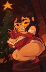 1girl 1girls ahoge arm_support background boss_(thelittlenerdys) breasts breasts brown_hair buckteeth christmas christmas_outfit christmas_tree chubby chubby_female elbow_gloves glasses gloves nerd nerdy nerdy_female orange_glasses shortstack twitter_user_sona welsdumps