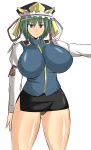  1girl black_panties blue_eyes breasts female green_hair hat huge_breasts miniskirt musuka_(muska) panties pantyshot shiki_eiki shikieiki_yamaxanadu short_hair simple_background skirt solo standing thighs touhou underwear upskirt white_background 