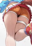  1girl absurd_res ass ass_focus blue_jacket cheerleader dush_1154 from_below high_res horse_girl horse_tail jacket leg_lift nice_nature_(umamusume) official_alternate_costume orange_shorts shoes shorts simple_background skirt sneakers sweat tail thigh_strap tight_clothes umamusume umamusume_pretty_derby upskirt white_background 