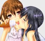 2girls black_hair blush brown_hair closed_eyes food hair hair_ornament hairclip hirasawa_yui ice_cream k-on! kawasumi licking long_hair multiple_girls nakano_azusa open_mouth sexually_suggestive smile sweat tongue twin_tails