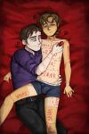 2boys age_difference bandaid bed brown_hair bruise bulge father_&amp;_son five_nights_at_freddy's human human_only humming incest lu4k8r male male_only marker mike_afton older_man_and_younger_boy pale-skinned_male pale_skin swirls tan_line underwear_only william_afton yaoi