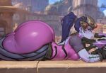  ai_generated ass_bigger_than_head bare_thighs big_ass big_ass big_breasts big_breasts blizzard_entertainment fat_ass gigantic_ass golden_eyes huge_breasts huge_thighs massive_ass mochipawg overwatch ponytail purple_body purple_hair purple_skin rifle solo_female squatting sweat sweatdrop thick_body thick_female thick_thighs thighs voluptuous voluptuous_female widowmaker 