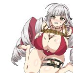  1girl absurd_res ahoge alternate_version_available arms_behind_back bangs barefoot bdsm blush bondage bound breasts cleavage clenched_teeth com2us drill_hair grey_hair huge_breasts iliana_(starseed) iliana_(starseed:_asnia_trigger) joycity long_hair looking_at_viewer lord3 mole multicolored_hair official_alternate_costume one-piece_swimsuit rope shibari simple_background sitting skindentation starseed:_asnia_trigger sweat swimsuit tears teeth thigh_gap thigh_strap twin_drills very_long_hair wariza white_background 