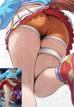  1girl ass ass_focus blue_jacket cheerleader commentary dush_1154 from_below high_res horse_girl horse_tail jacket leg_lift nice_nature_(umamusume) official_alternate_costume orange_shorts photo_inset reference_inset shoes shorts shorts_under_skirt simple_background skirt sneakers sweat tail thigh_strap tight_clothes umamusume umamusume_pretty_derby untranslatable_commentary upskirt white_background 
