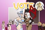  2boys 2d 5girls akiman_pose angry angry_face arlecchino_(genshin_impact) ass big_breasts boob_squish breast_size_difference breasts brown_hair cartoon catfight eyeshadow fanart fight garter_belt garter_straps genshin_impact golden_eyes hilichurls_(species) hoyoverse imminent_sex lingerie lipstick milf rhinedottir_(genshin_impact) ronova_(genshin_impact) sandrone_(genshin_impact) skimpy stockings thick_thighs tsaritsa_(genshin_impact) underwear white_hair yellow_hair 