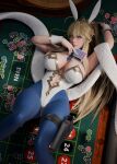  1girl artoria_pendragon artoria_pendragon_(fate) artoria_pendragon_(lancer) artoria_pendragon_(swimsuit_ruler) artoria_pendragon_(swimsuit_ruler)_(fate) big_breasts blonde_hair bubble_butt bunny_costume bunny_ears bunny_suit bunnysuit cleavage fate/grand_order fate_(series) green_eyes horny inviting_to_sex laying laying_down looking_at_viewer pose ryanreos teasing thick_thighs 
