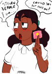 blush blush_lines brown_skin collared_shirt connie_maheswaran english_text hair_ribbon hairbow half-closed_eyes holding_condom inviting inviting_to_sex long_hair out_of_frame short_sleeves speech_bubble steven_quartz_universe steven_universe talking talking_to_viewer the_and thick_eyebrows upper_body white_background