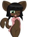 1girl animal_nose black_hair blush blush_lines bottomless bottomless_female brown_fur cat cat_ears cat_girl cat_tail catgirl closed_eyes cropped_sweater crotch dreameclipsewolf eyelashes fangs feet_out_of_frame furry furry_female green_eyes groin hoodie legs_together long_tail midriff navel_piercing nipples one_eye_closed open_mouth original original_character oversized_sweater pink_nipples pink_sweater pussy sidelocks sweater tail white_background