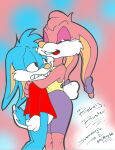 babs_bunny big_ass bike_shorts blue_background blue_fur blue_hair bunny_ears bunny_girl bunny_tail buster_bunny clenched_teeth closed_eyes creative_signature feet_out_of_frame fur furry furry_female furry_male hair_ribbon hugging hugging_partner juanomorfo long_ears long_eyelashes makeup multicolored_background open_mouth pink_background pink_fur pink_hair purple_shorts rabbit rabbit_ears rabbit_girl rabbit_tail red_sweater shorts signature smile sweater tall_female tank_top tiny_toon_adventures tongue two-tone_background two-tone_fur very_long_ears white_background yellow_tank_top