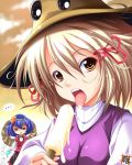  2girls bad_id blonde_hair blue_hair eyes female food hair hair_ornament hairband hat headgear ice_cream leaf_hair_ornament marinon moriya_suwako multiple_girls popsicle sexually_suggestive short_hair snake tongue touhou yasaka_kanako 