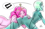 2girls adventure_time anilingus ass blue_skin bmo green_eyes hair long_hair multiple_girls oral pink_hair pink_skin princess_bubblegum pussy rimming short_hair surprised white_background yuri zet13