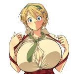 1girl blonde_hair blue_eyes blush breasts bursting_breasts female hairband hataraki_ari huge_breasts neck_tie necktie short_hair simple_background white_background