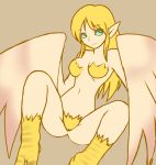  1girl atlus avian blonde_hair breasts claws european_mythology feathered_wings feathers female greek_mythology green_eyes hair happy harpy humanoid humanoid_pointy_ears long_hair looking_at_viewer megami_tensei monster_girl mythological_avian mythology naturally_censored navel nollety nore nude pubes shin_megami_tensei simple_background solo spread_legs spreading video_games wings 