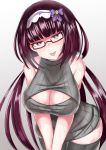 1girl bare_shoulders bent_over black_hair black_legwear black_sweater breasts cleavage cleavage_cutout dress fate/grand_order fate_(series) glasses hairband head_tilt large_breasts leaning_forward long_hair open-chest_sweater osakabehime_(fate) purple_eyes ribbed_sweater semi-rimless_glasses sleeveless sleeveless_turtleneck sweat sweater sweater_dress thighhighs thighs tongue tongue_out very_long_hair