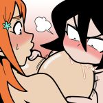 2_girls 2girls black_hair bleach breast_sucking female/female female_only huge_breasts inoue_orihime orange_hair redhead rukia_kuchiki shamefuldisplay yuri