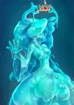  1girl blue_eyes blue_hair blue_skin breasts crown dress goo_girl gown hair_over_one_eye holding koi_drake koidrake long_hair monster_girl original prehensile_hair princess slender_waist slime smile solo standing tiara very_long_hair waving 