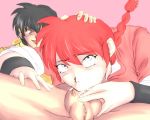  1boy 1girl :&gt;= black_hair blue_eyes braid caressing_testicles chinese_clothes cum cum_in_mouth cum_in_nose deepthroat fellatio genderswap hand_on_head headband hetero oral overflow penis ranko ranma_1/2 ranma_saotome red_hair rolling_eyes ryoga_hibiki sex short_hair single_braid snot spread_legs tangzhuang tears testicle testicles ura_suji wristband 