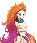 1girl 1girl blue_eyes blush braid breasts contentious_content heterochromia high_resolution league_of_legends light-skinned light-skinned_female long_hair looking_at_viewer mostly_nude nipples orange_hair partially_clothed purple_eyes small_breasts tied_hair zoe_(league_of_legends)