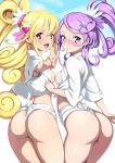  2_girls 2girls aida_mana ass back blonde_hair blush breasts cure_heart cure_sword curvy dokidoki!_precure eyebrows_hidden_by_hair fundoshi hair hair_ornament hairclip half_updo heart heart_hair_ornament highres huge_ass japanese_clothes kenzaki_makoto long_hair looking_at_viewer looking_back multiple_girls nipples open_clothes open_mouth open_shirt pink_eyes plump ponytail precure purple_eyes shin&#039;ya_(shin&#039;yanchi) shirt small_breasts smile spade_hair_ornament v very_long_hair wide_hips yamakasa yuri 