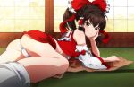  1girl ass bare_shoulders bow brown_eyes brown_hair chin_rest detached_sleeves fundoshi hair_bow hair_tubes hakurei_reimu long_hair on_stomach parabora_(nipplemokuba) ponytail skirt skirt_set smile solo touhou 