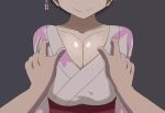  1boy 1girl animated areolae assisted_exposure bouncing_breasts breasts clavicle female grey_background grey_hair head_out_of_frame kimono large_areolae large_breasts male nipples no_audio no_bra pov scrabble007 short_hair smile uzaki-chan_wa_asobitai! uzaki_hana video wafuku webm work_in_progress 