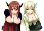  2girls aqua_eyes big_breasts blonde_hair blush boku_wa_tomodachi_ga_sukunai breasts brown_hair butterfly_hair_ornament cleavage demon_girl fang fur_trim hair hair_ornament horns kashiwazaki_sena long_hair looking_at_viewer maou_(maoyuu) maoyuu_maou_yuusha multiple_girls open_mouth red_eyes ryuusama school_uniform simple_background skirt tears white_background 