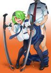 1boy 1girl :d belt black_legwear black_shoes blush bobobo bra breasts clothed_sex cum cum_in_pussy cum_inside denim doggystyle dual_wielding eyepatch gloves green_hair hair_over_one_eye hetero huge_breasts jeans necktie open_mouth orange_background orange_eyes otonashi_kiruko pants pantyhose pencil_skirt police police_uniform policewoman see-through sex shinmai_fukei_kiruko-san shoes short_hair simple_background skirt smile sweat tonfa underwear uniform weapon white_gloves yellow_eyes