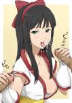 1girl bow breasts bukkake censored cum cum_in_mouth double_handjob down_blouse downblouse ejaculation facial fellatio fingerless_gloves gloves hair_bow handjob hetero hyouka ichihisa kouchi_ayako multiple_penises nakoruru nakoruru_(cosplay) open_clothes open_mouth open_shirt oral penis red_bow samurai_spirits shirt snk tongue