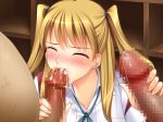 1girl big_breasts blonde_hair blue_gale blush breasts cum cum_in_mouth double_handjob fat_man fellatio hair jk_to_orc_heidan_aku_buta_oni_ni_ryougyakusareta_seijo_gakuen oral penis