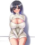 1girl black_hair blush breasts cleavage cleavage_cutout hand_between_legs head_tilt kantai_collection large_breasts light_smile midoriiro_no_shinzou open-chest_sweater red_eyes ribbed_sweater short_hair simple_background sitting sweater takao_(kantai_collection) thighs turtleneck white_background